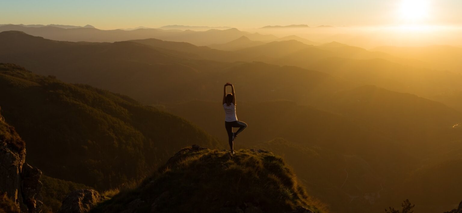 Woman doing yoga tree pose on mountain cliff at sunrise