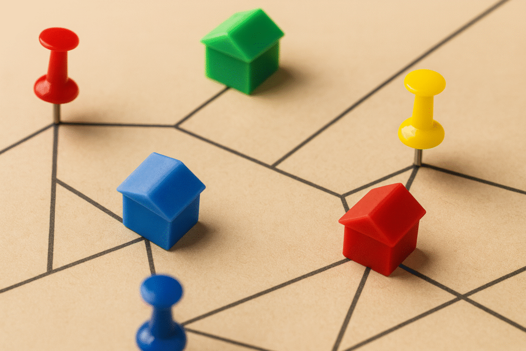 Colorful house tokens and pins on a real estate map board