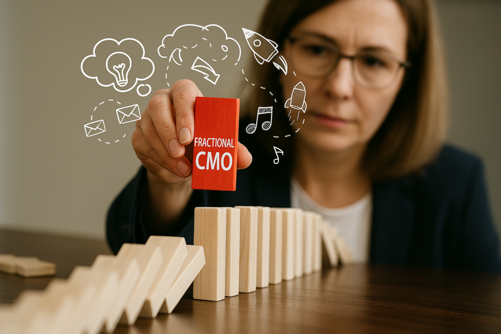 Woman placing a Fractional CMO block to stabilize falling domino strategy