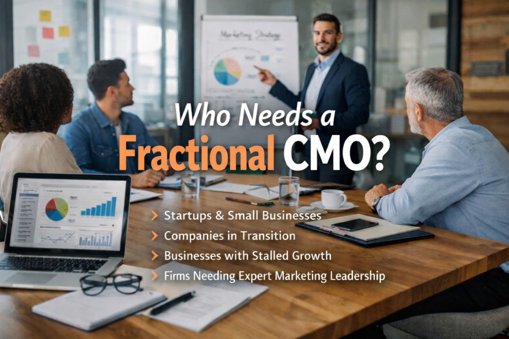 Fractional CMO leading a marketing strategy meeting with leadership team