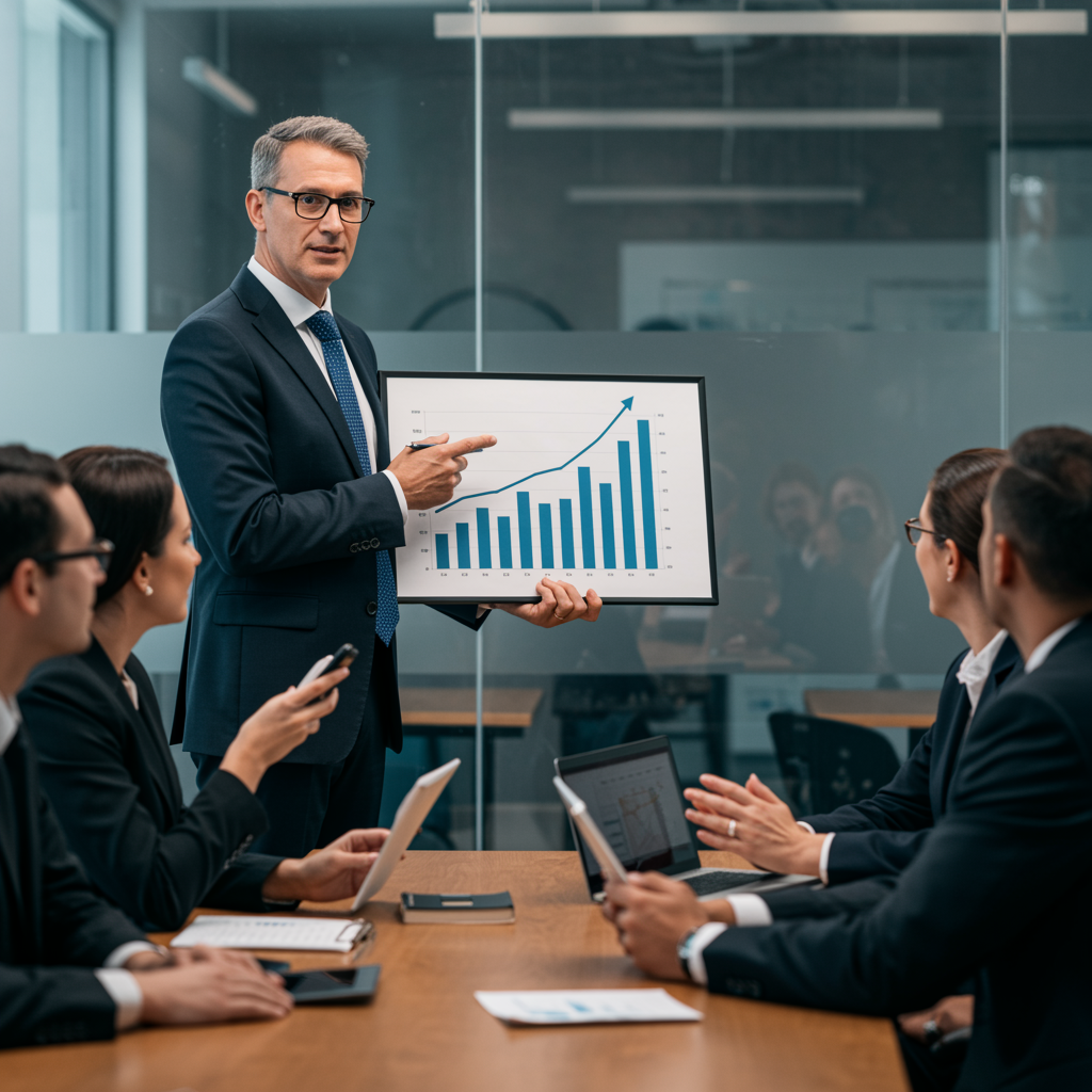 Executive presenting marketing growth chart