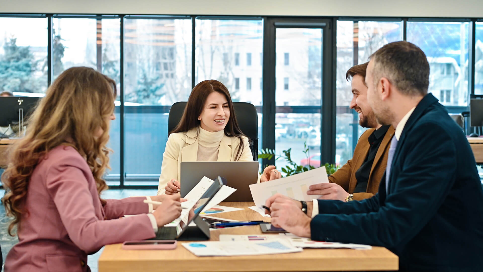 Business team reviewing marketing reports