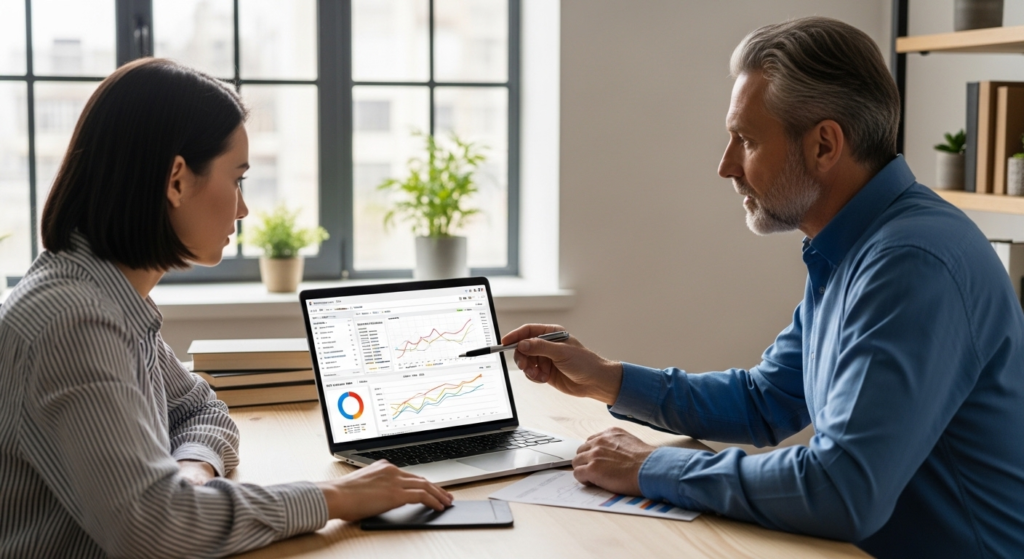 Business professionals reviewing analytics dashboard
