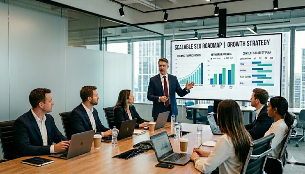Business team presenting SEO roadmap and growth strategy