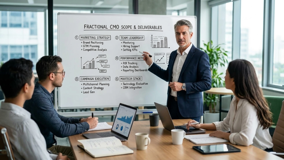 Fractional CMO presenting marketing strategy to team